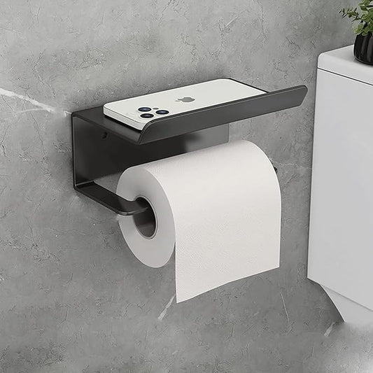 Toilet Paper Holder, Wall Mount Adhesive with Shelf (Black)