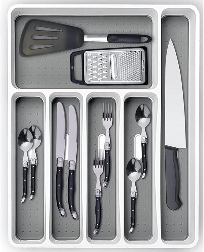 Cutlery Drawer Organiser for kitchen utensils 6 compartment (White)