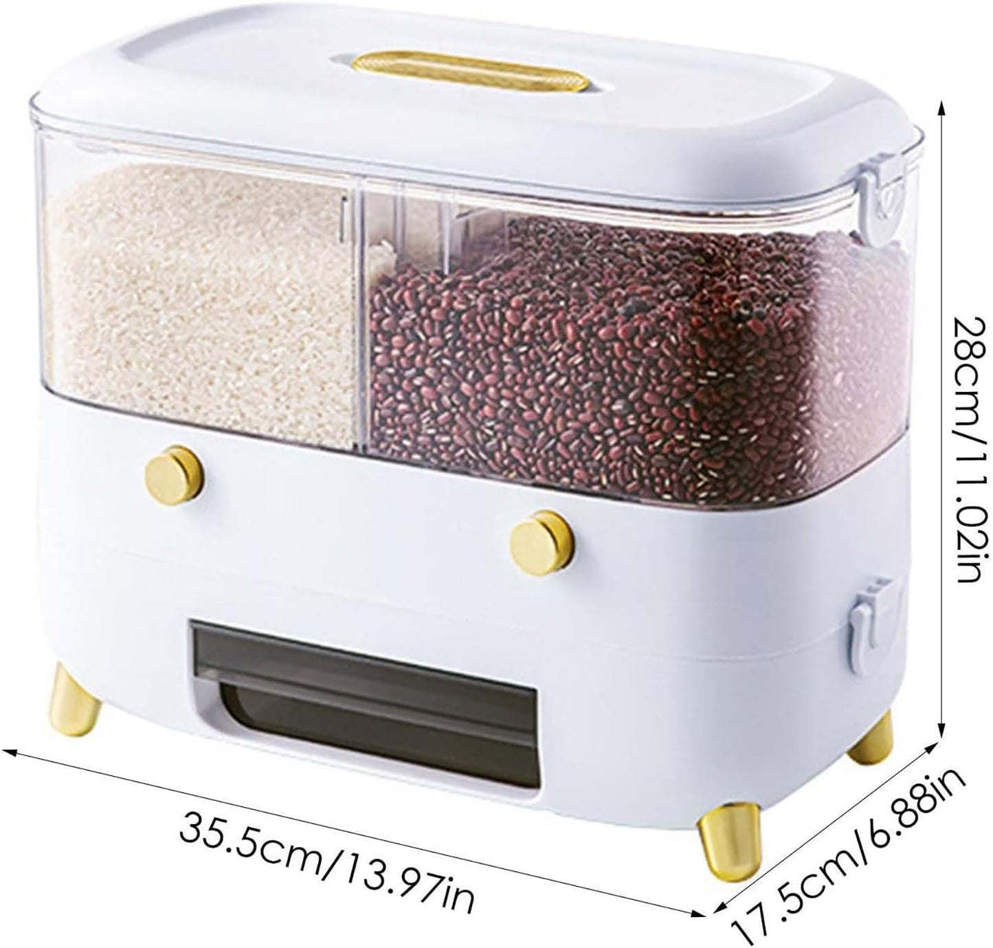 Rice Container, Cereal Food Dispenser, with Lid Moisture Resistant Household 2-Grid (White)