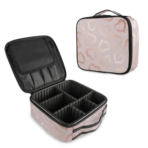 Makeup Cosmetic Storage Case with Adjustable Compartment (Pink Hearts)