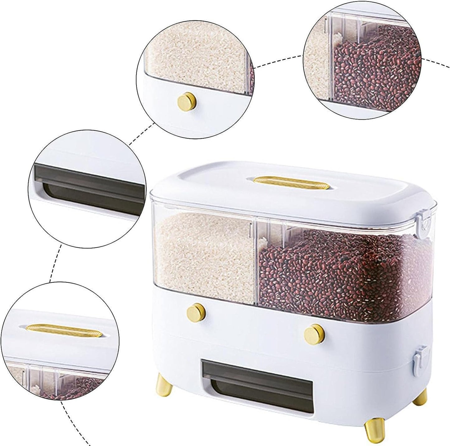 Rice Container, Cereal Food Dispenser, with Lid Moisture Resistant Household 2-Grid (White)