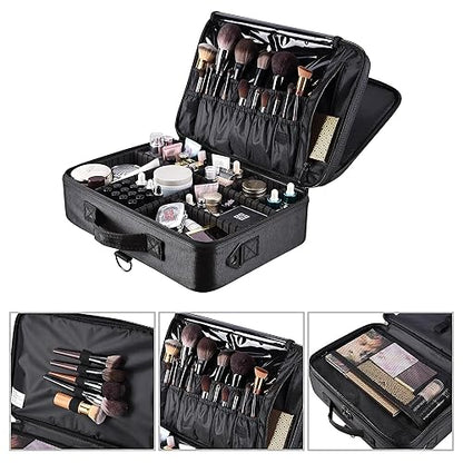 3 Layers Large Capacity Makeup Train Case with Adjustable Compartment (Black)