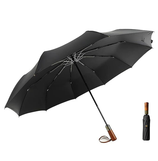 UV Large Sun & Rain Wood Handle Folding Umbrella