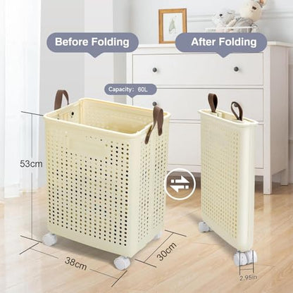 Collapsible Laundry Basket with Wheels and Handle  (Large)