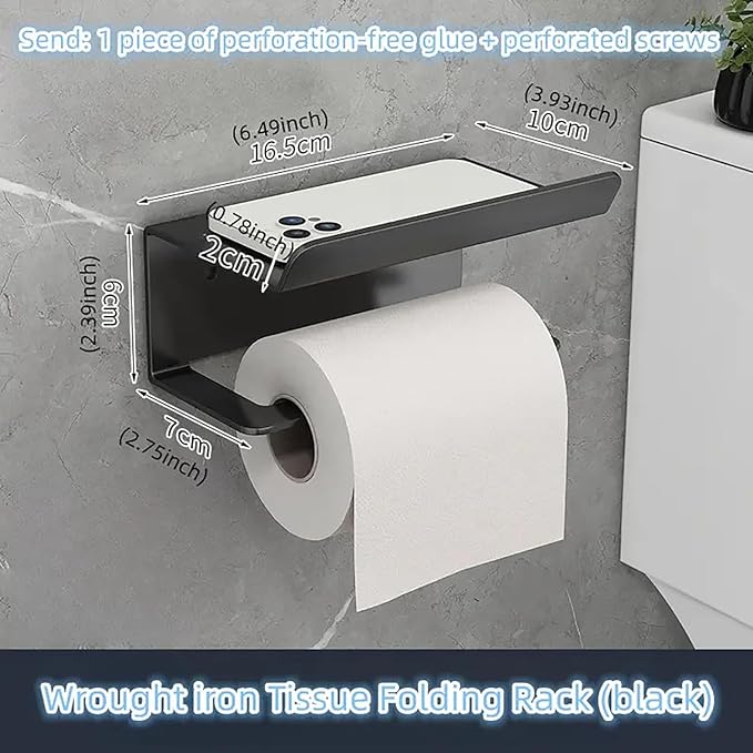 Toilet Paper Holder, Wall Mount Adhesive with Shelf (Black)