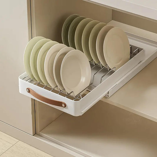 Pull Out Cabinet Organizer Fixed with Adhesive 14 Plate Dish Rack (Cream)