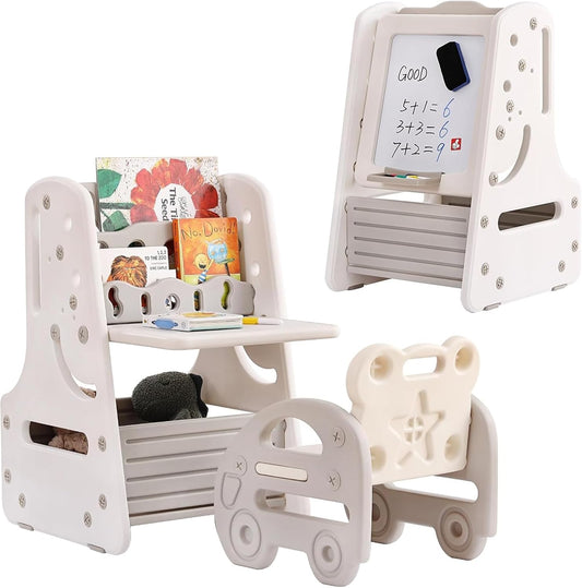 Kids Table and Chair Set - 3 in 1 Convertible Art Easel  (White/Grey)