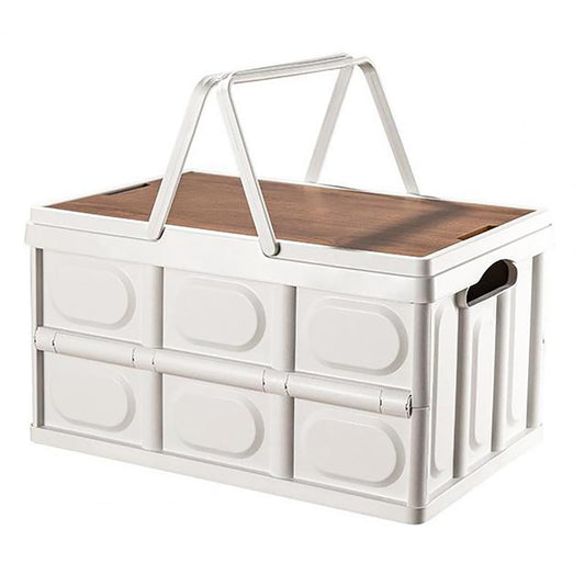 Folding Storage Bins with Wood Lid With Handle,Collapsible Closet - (Handle, 30Litre, White)