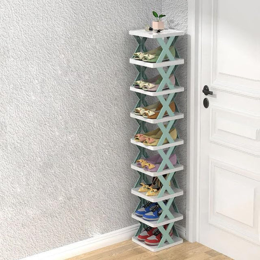 Plastic 9 Tier Shoes Stand,Shoe Tower Rack Suit For Small Spaces,Closet,Small Entryway - (Blue)