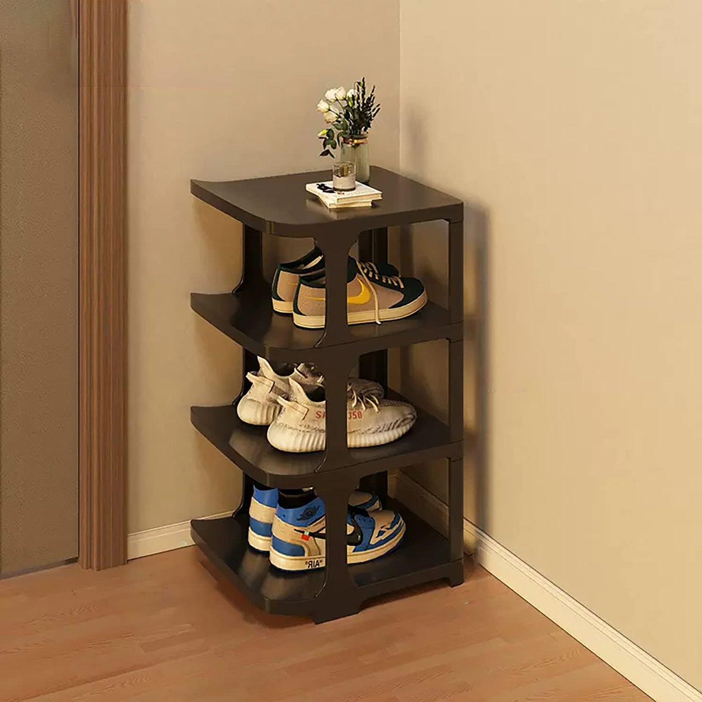 4 Layer Foldable Narrow Shoe Rack- Black