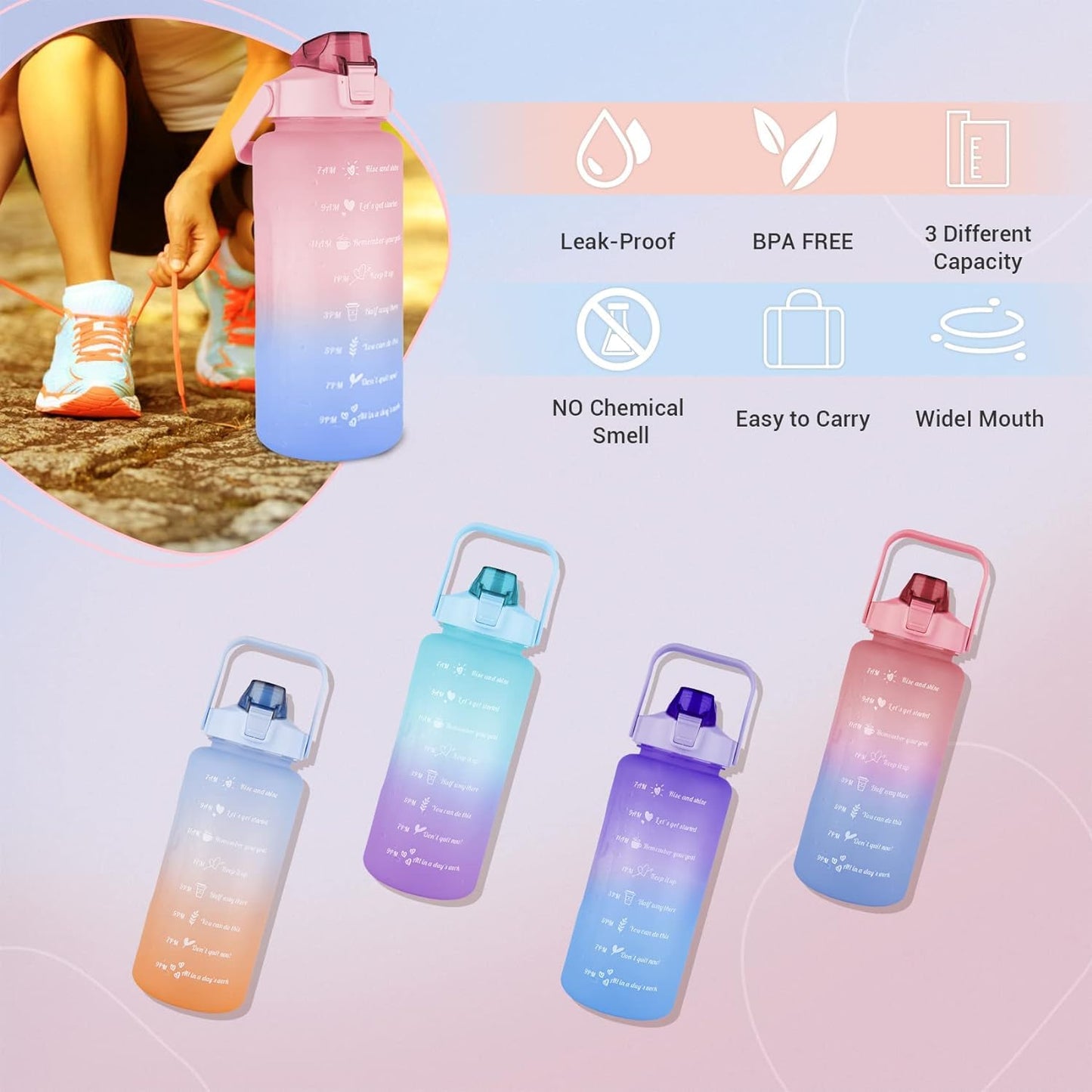 Set of 3 Water Bottle with Straw 2Litre+900ml+280ml (Pink/Blue)