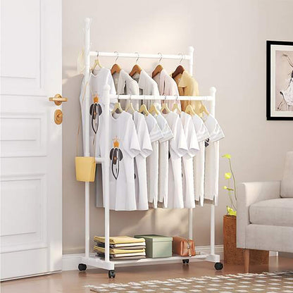 Clothes Rail Double Garment Rack with Top Rod and Wheels(Black)