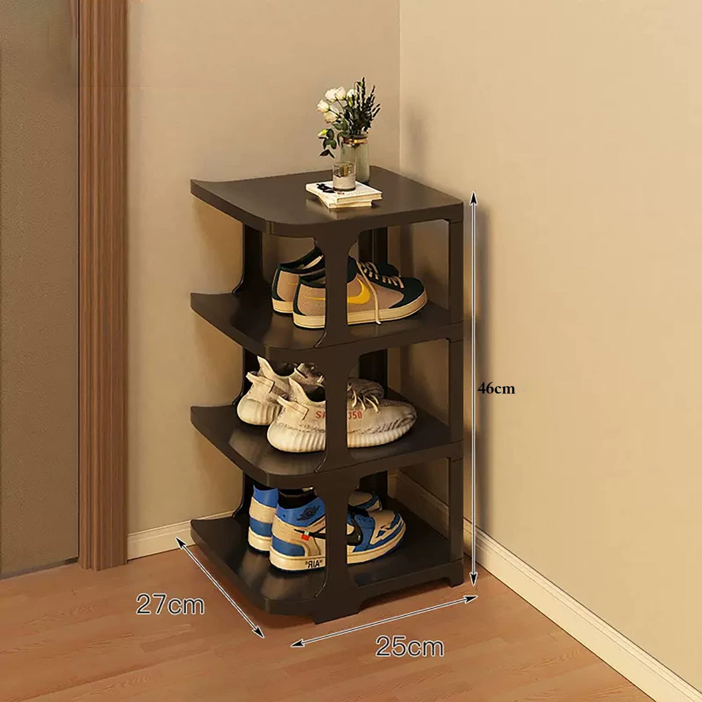 4 Layer Foldable Narrow Shoe Rack- Black