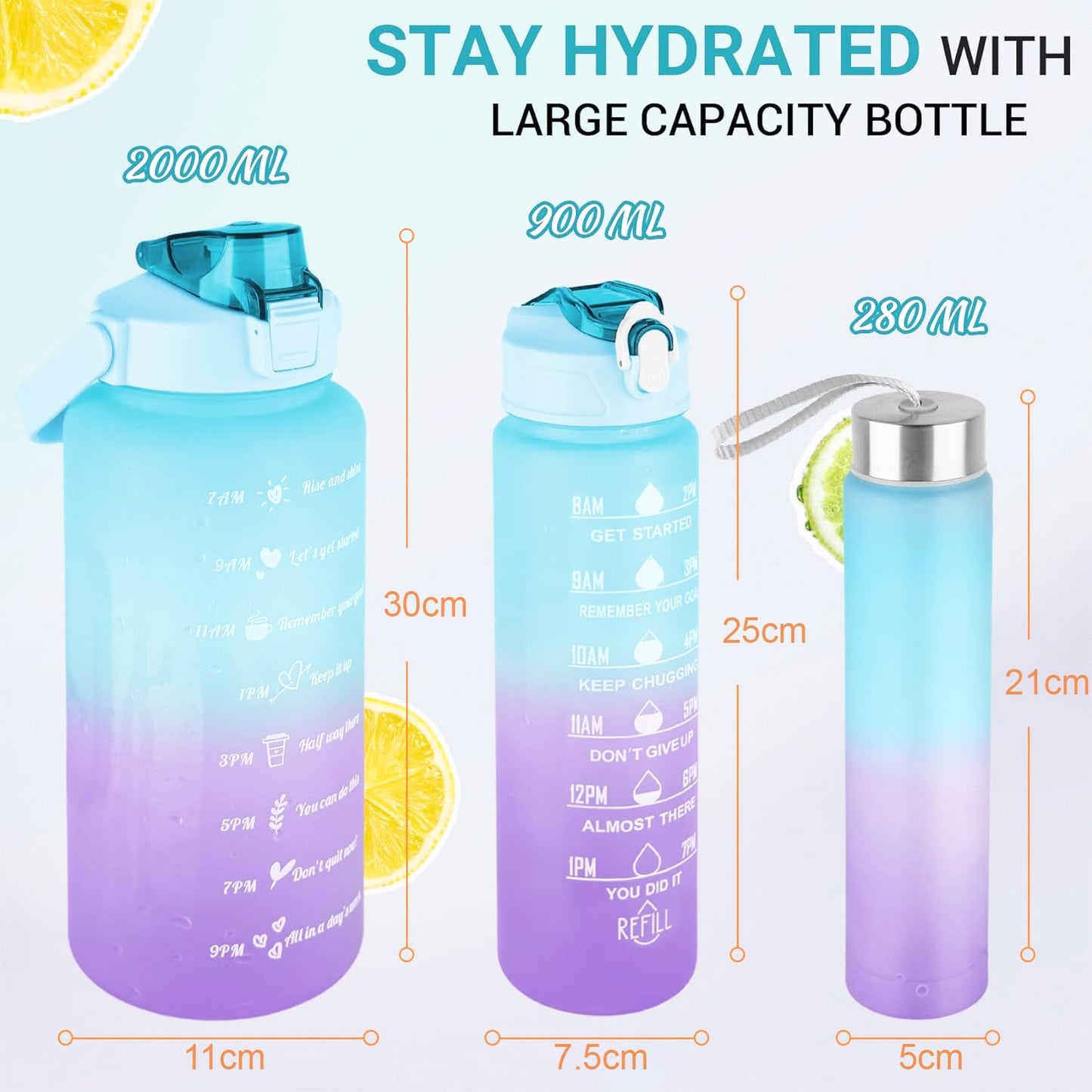 Set of 3 Water Bottle with Straw 2Litre+900ml+280ml (Blue/Purple)