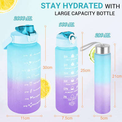 Set of 3 Water Bottle with Straw 2Litre+900ml+280ml (Blue/Purple)