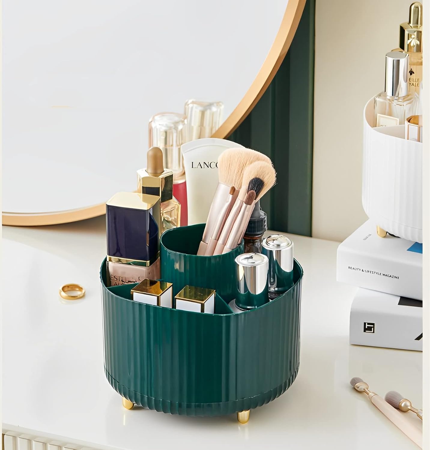 Makeup Brush Holder Organizer, 360° Rotating 5 Slot Make up Brushes Cup for Desktop Organizer (Green)