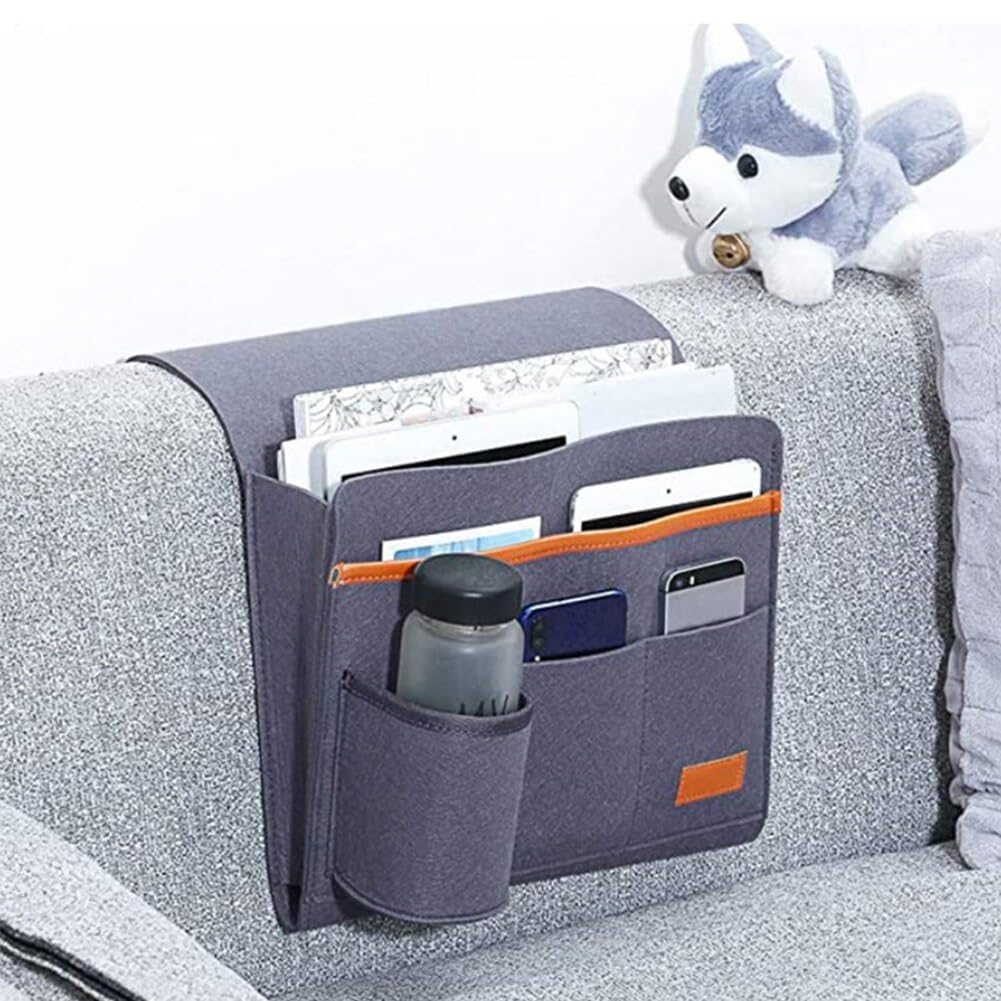 Bedside Caddy, 5 Pockets Remote Control Holder Bed Sofa storage organizer Side Pocket Large (Dark Grey)