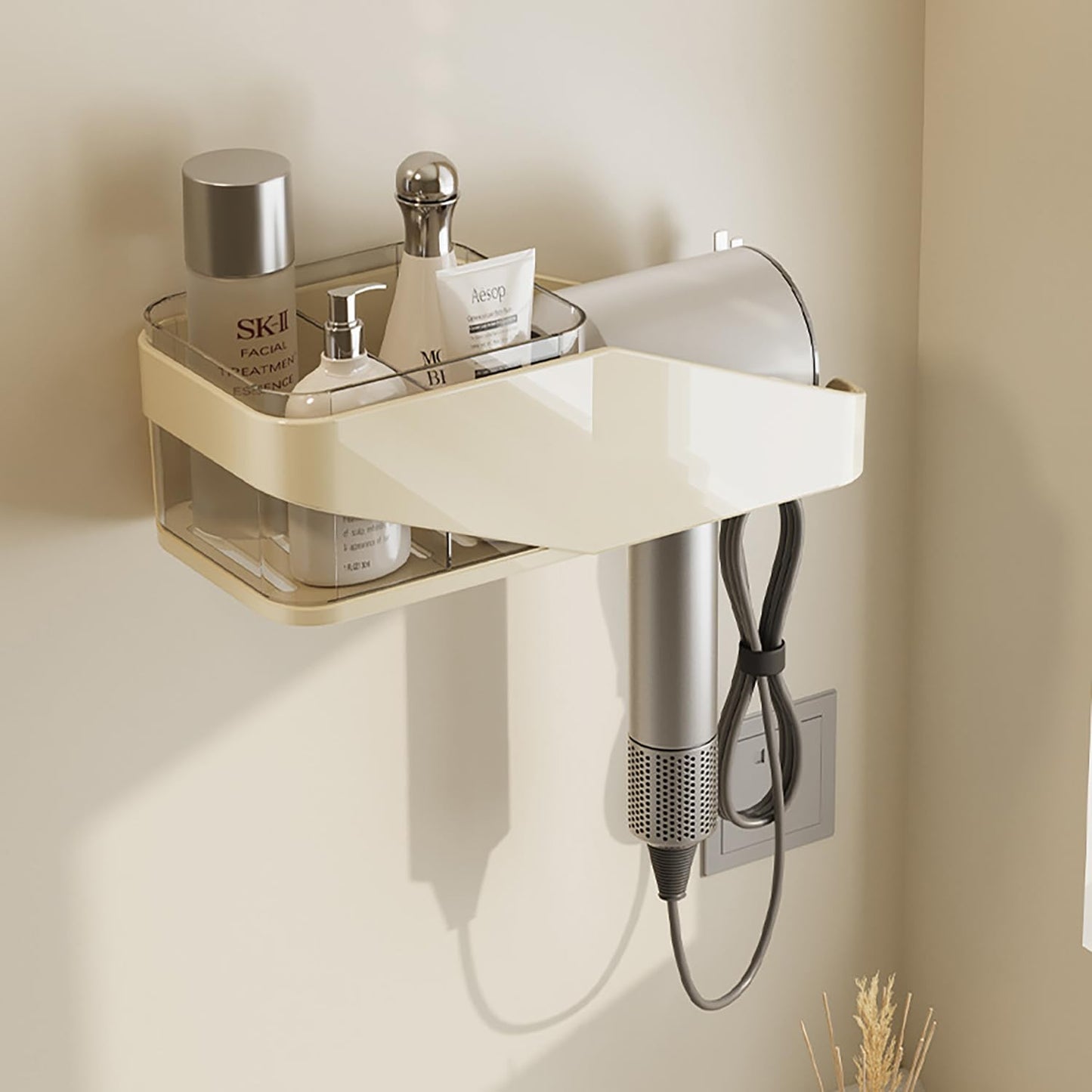 2-in-1 Wall-Mounted Hair Dryer Holder (Cream)