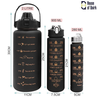 Set of 3 Water Bottle with Straw 2 Litre+900ml+280ml (Black)