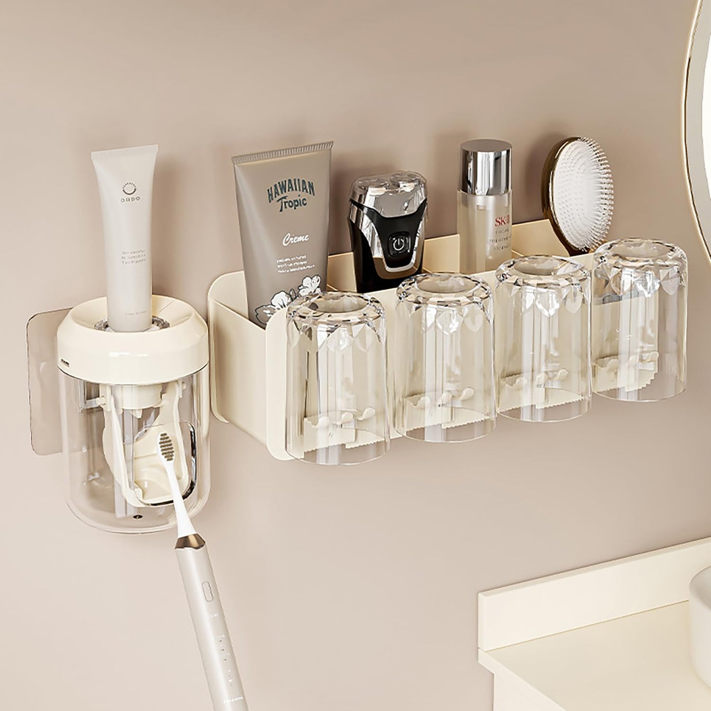 4-Slot Toothbrush Rack, Including 1 Toothpaste Squeezer, 4 Mouthwash Cups (Cream)