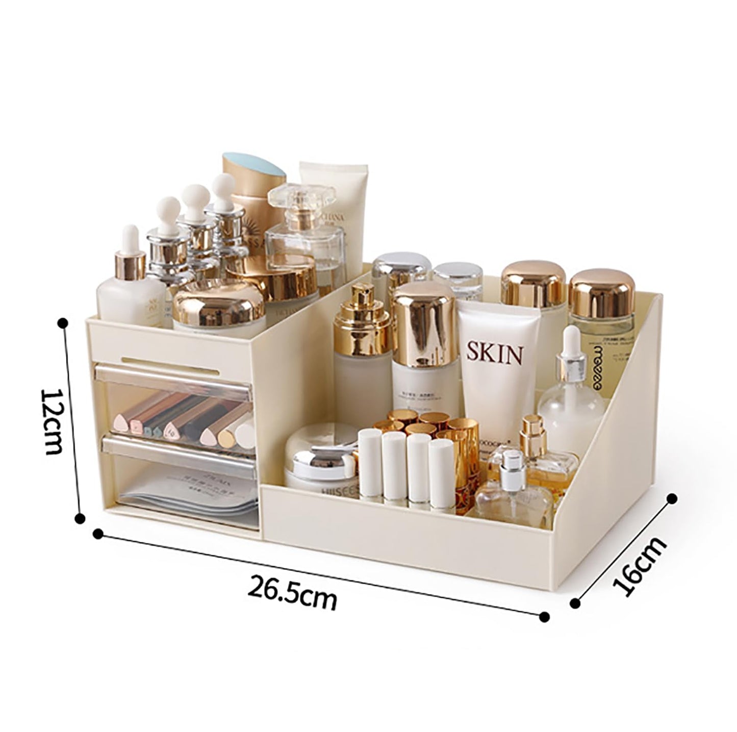 Makeup Organizer with 3 Drawers Plastic Storage for Vanity Cosmetic (Small Beige)