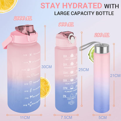 Set of 3 Water Bottle with Straw 2Litre+900ml+280ml (Pink/Blue)