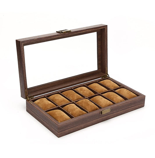 Wooden Look 12 Slot Watch Box Organizer Watch Case with Glass Top Antique Lock