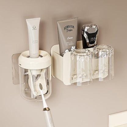 2-Slot Toothbrush Rack, Including 1 Toothpaste Squeezer, 2 Mouthwash Cups (Cream)