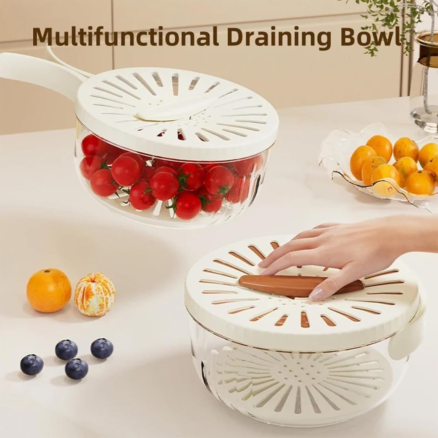 Multifunctional Draining Bowl with Foldable Handles (White)