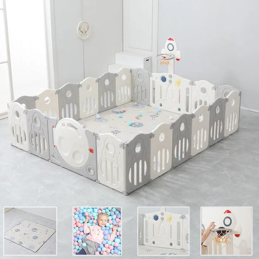 Baby Playpen for Babies with Balls and Mat 43 Square Feet (18 Panel, Grey Space)