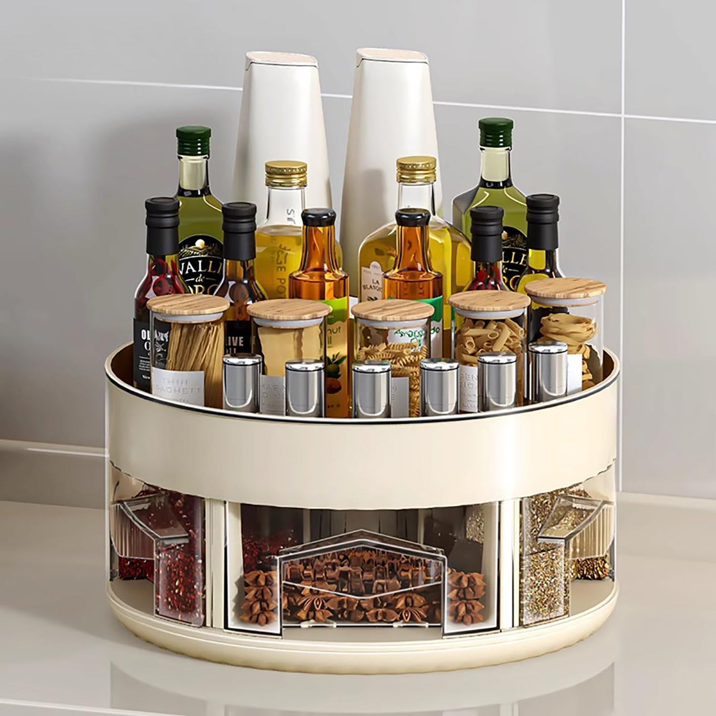 360° Rotating 2 Layer Rack with 5 Spice Storage Holder (Cream)