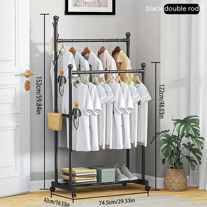 Clothes Rail Double Garment Rack with Top Rod and Wheels(Black)