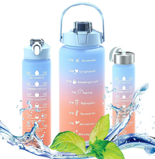 Set of 3 Water Bottle with Straw 2 Litre+900ml+280ml (Blue/Orange)