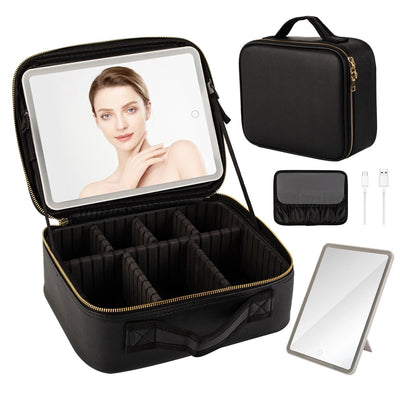 Makeup Bag with Lighted Mirror, Case Setting & Adjustable Dividers (Black)