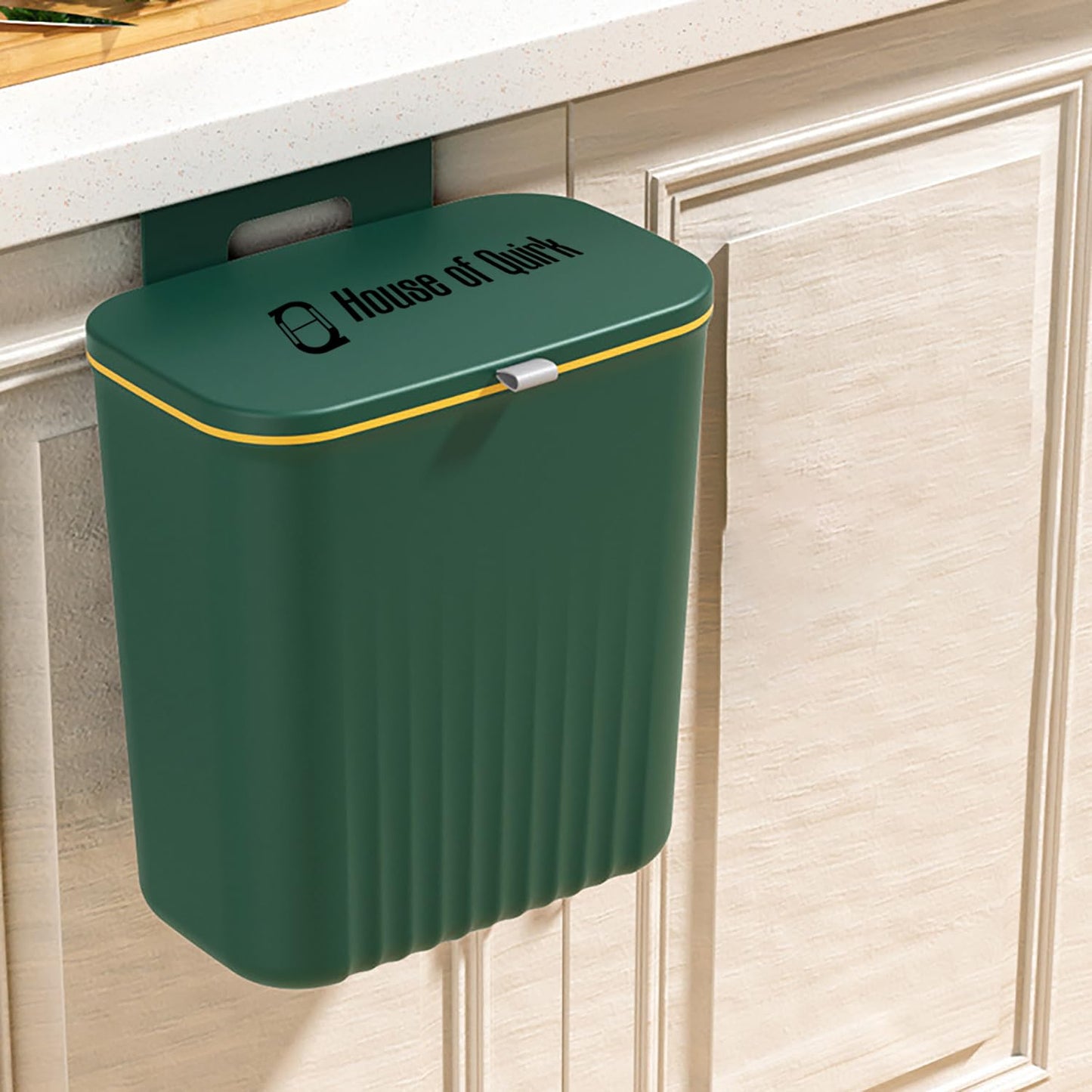 Plastic Hanging Kitchen Trash Can With Lid (9 Litre Green)