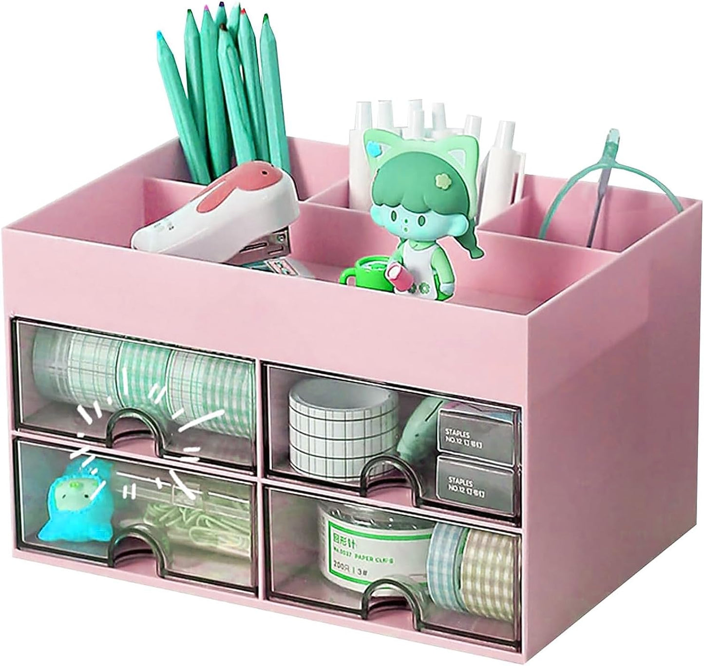 Desk Organiser with Drawer, Multifunctional 4 Plastic Compartments - Pink