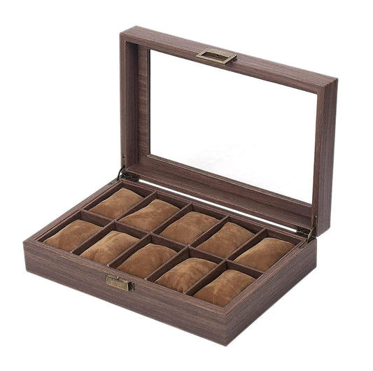 Wooden Look 10 Slot Watch Box Organizer Watch Case with Glass Top Antique Lock