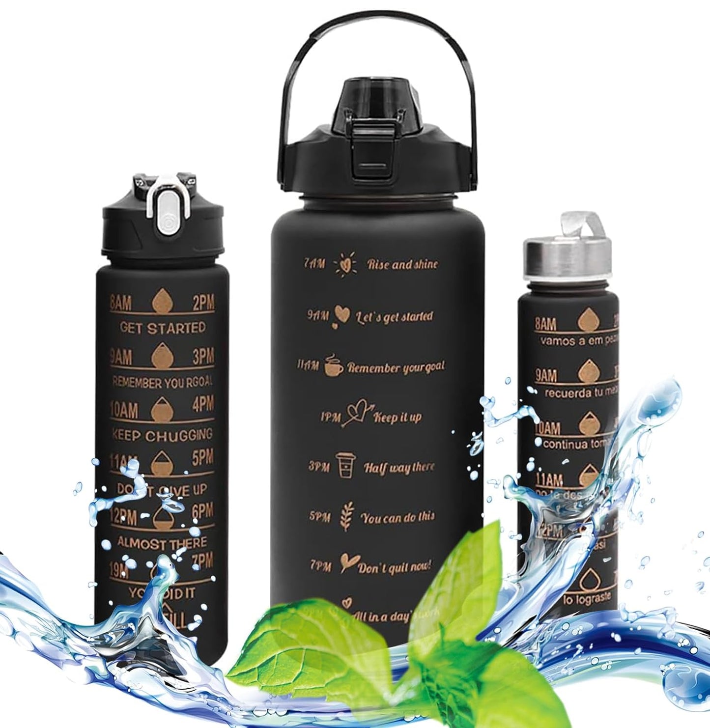 Set of 3 Water Bottle with Straw 2 Litre+900ml+280ml (Black)