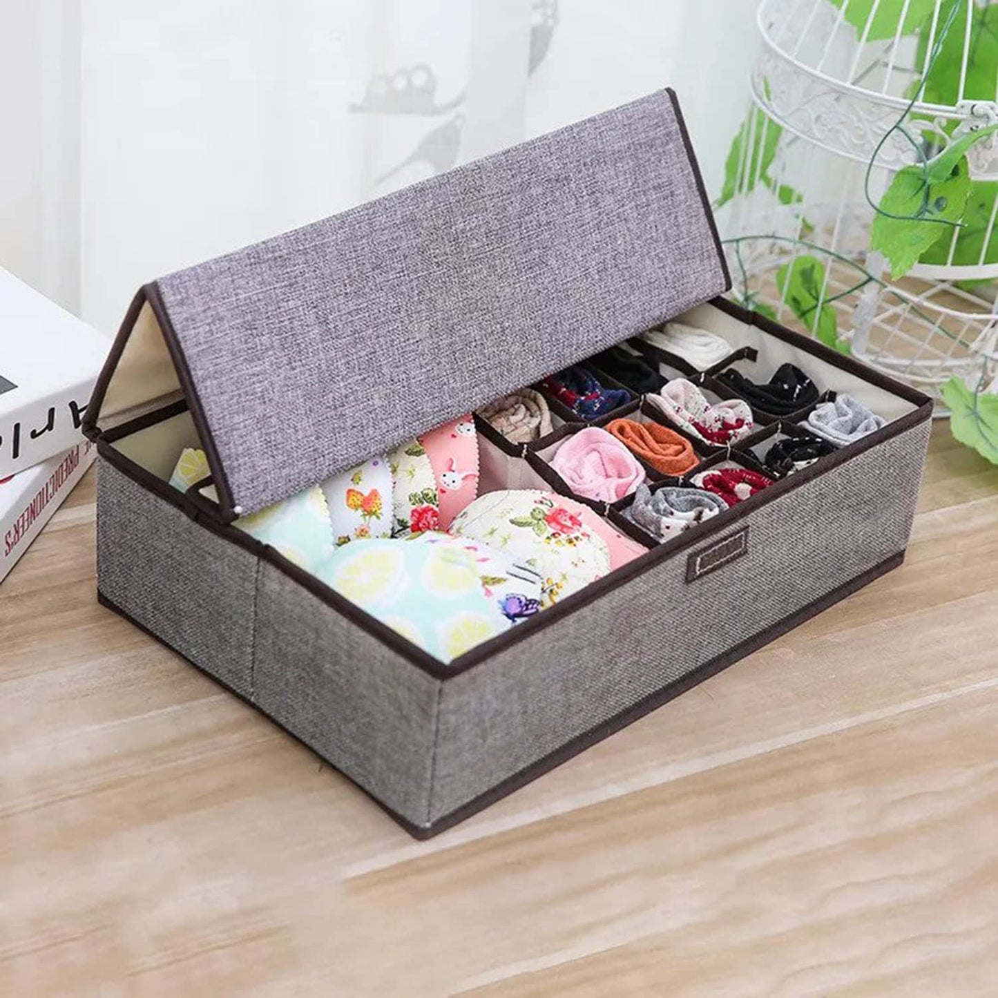 Innerwear Organizer 16+1 Compartment  Foldable Fabric Storage Box(44 x 28 x 12 cm Linen Grey Cream)