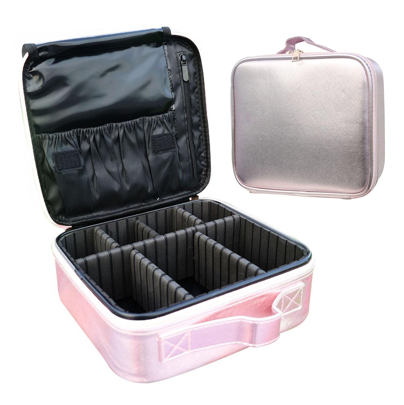 Makeup Cosmetic Storage Case with Adjustable Compartment (Shimmer Light Pink)