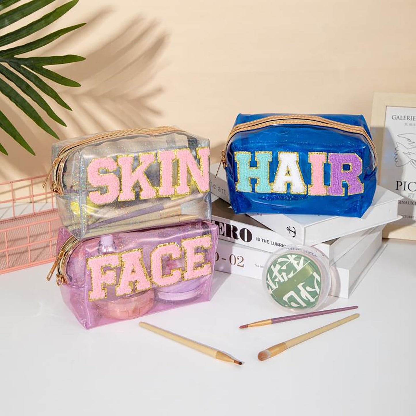 Set of 3 Transparent Makeup Bag Waterproof Cosmetic Bags (Blue+Pink+White)