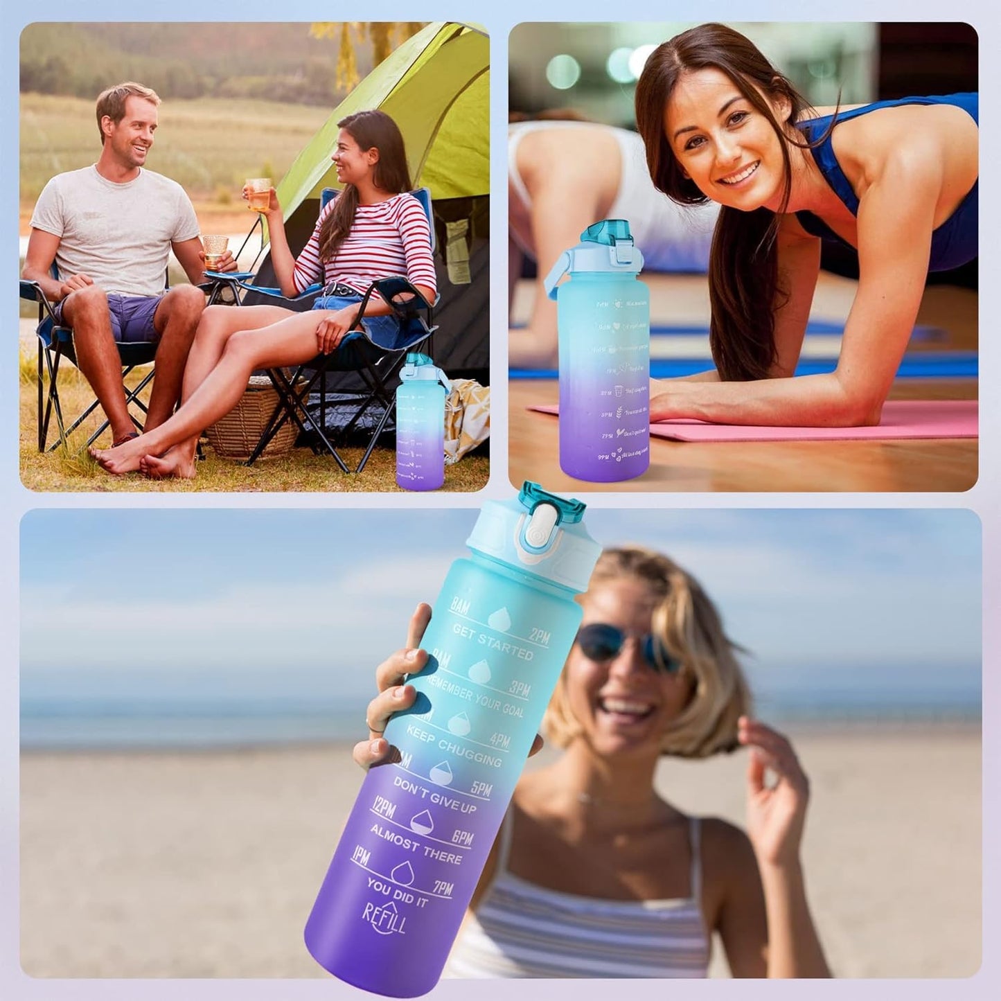 Set of 3 Water Bottle with Straw 2Litre+900ml+280ml (Blue/Purple)