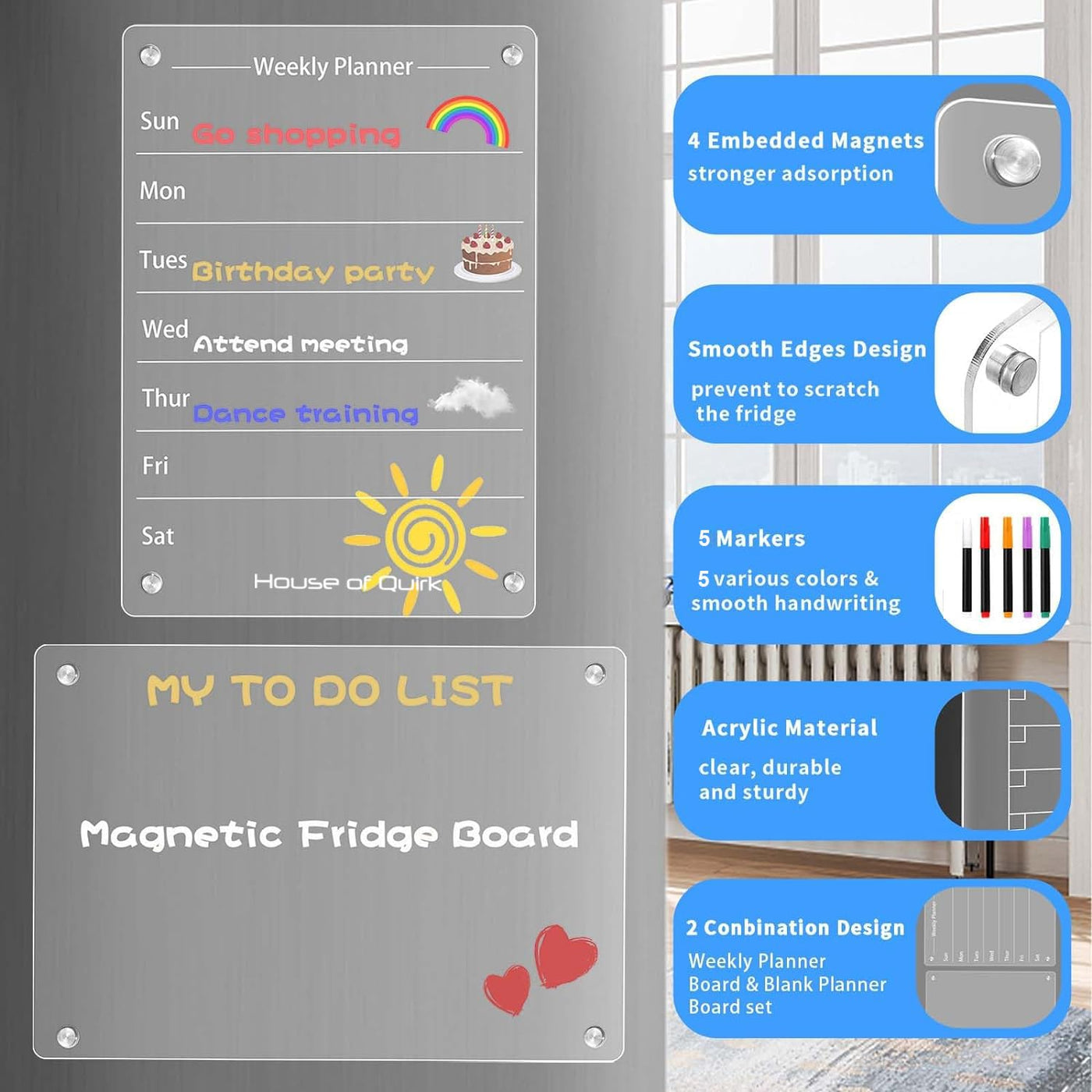 Acrylic Refrigerator Weekly Planner Magnetic Set of 2