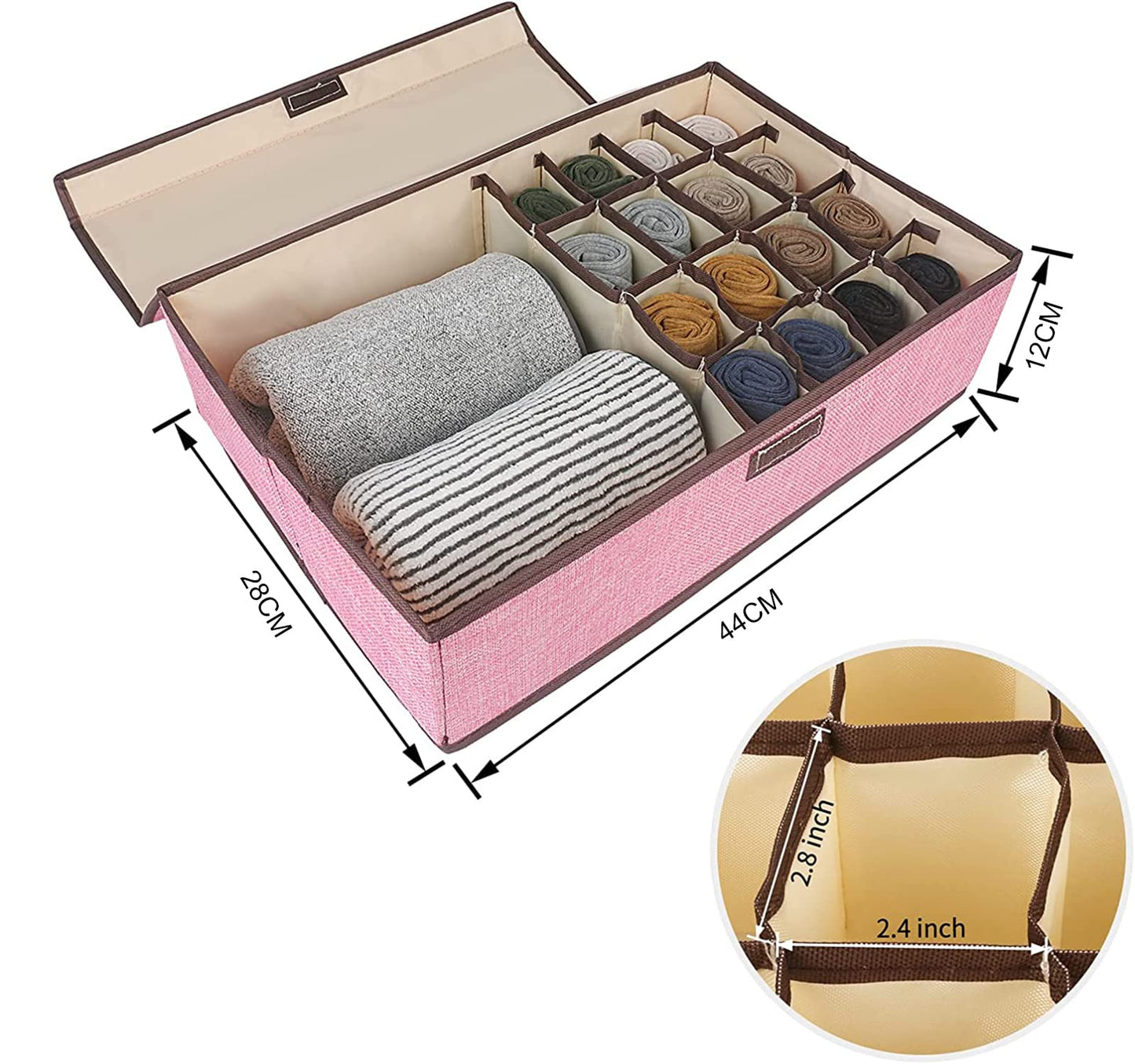 Innerwear Organizer 16+1 Compartment  Foldable Fabric Storage Box(44 x 28 x 12 cm Linen Pink)