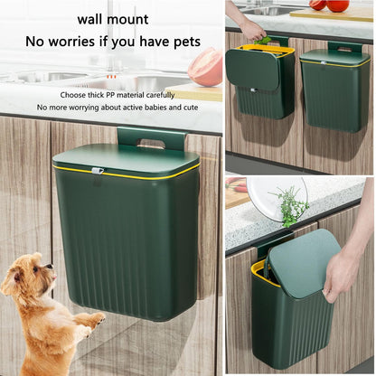 Plastic Hanging Kitchen Trash Can With Lid (9 Litre Green)