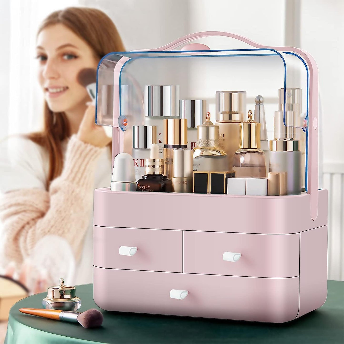 Luxury Multi-function Cosmetic Storage Box Large-Capacity (Pink)