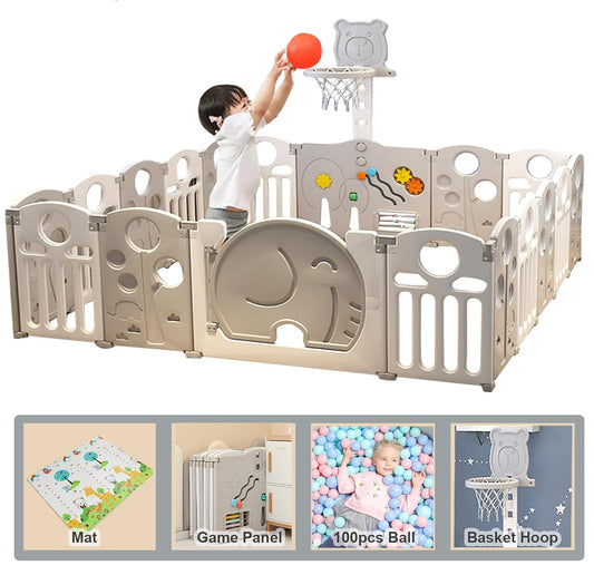 Baby Playpen Foldable with Activity Wall 30 Square Feet (16 Panel, Grey Elephant)