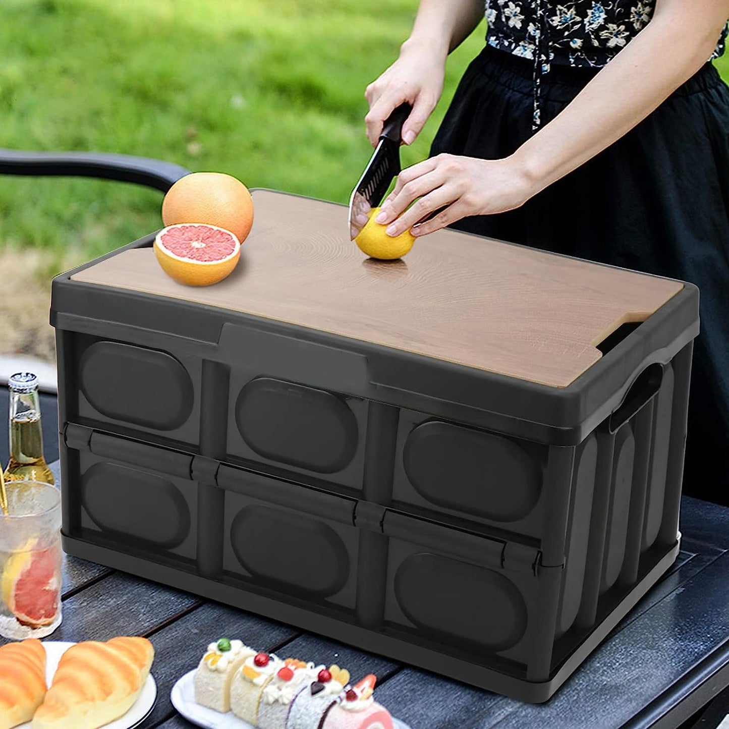 Folding Storage Bins with Wood Lid - (30Litre, Black)