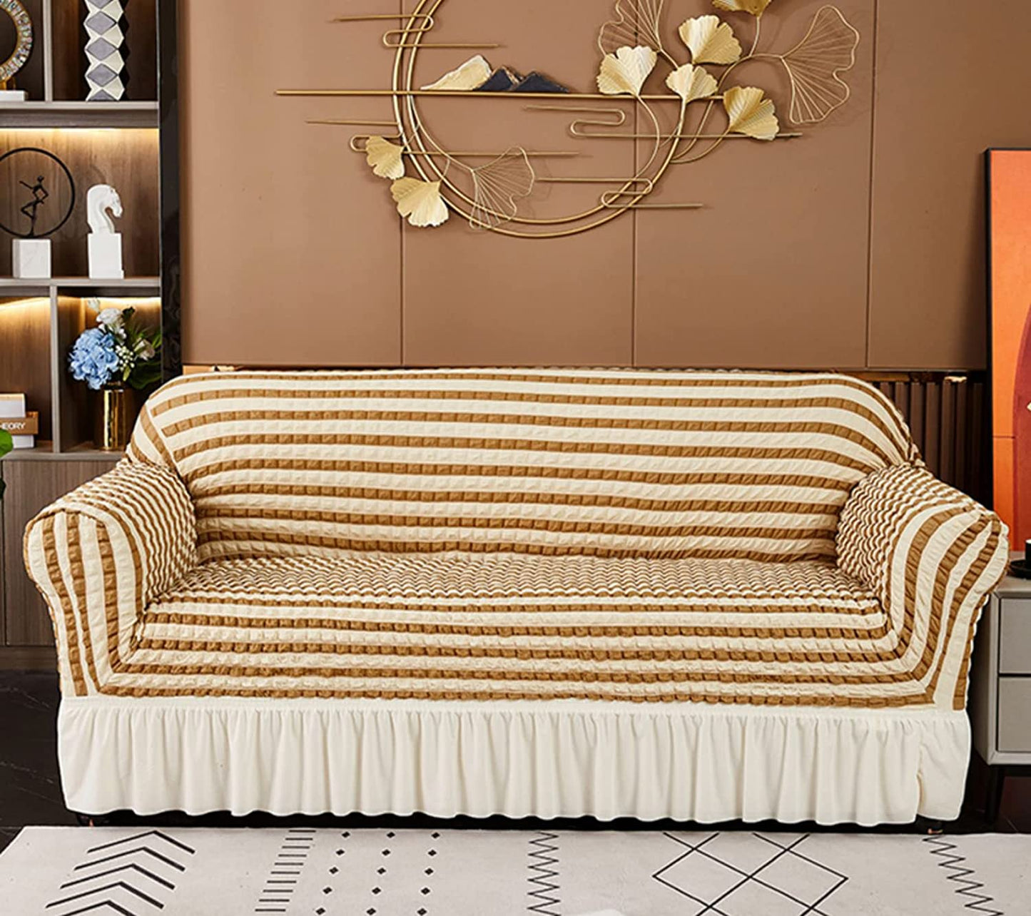 Bubble Frill Couch Cover-Beige Stripe