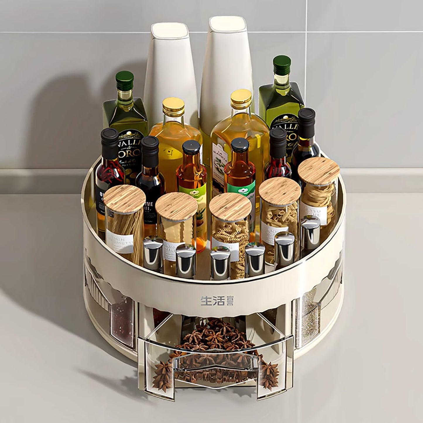 360° Rotating 2 Layer Rack with 5 Spice Storage Holder (Cream)